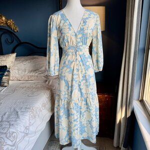 Blue and Cream Floral Long Sleeved Dress
